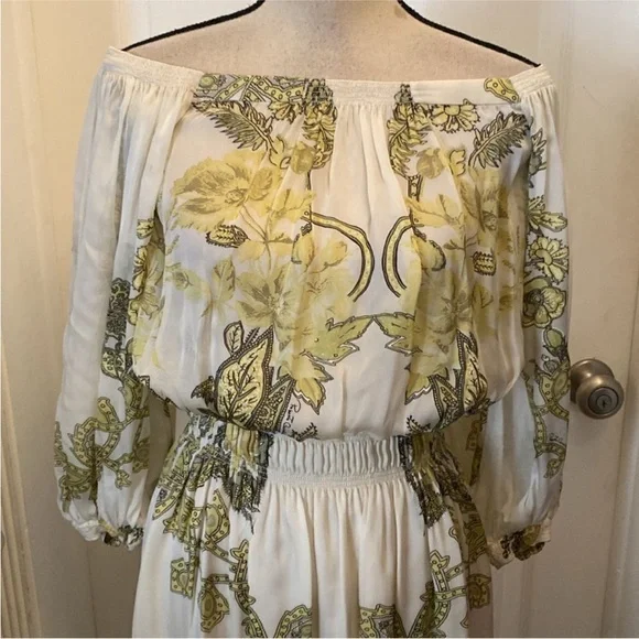 Roberto Cavalli White and Green Off-Shoulder silk Dress,